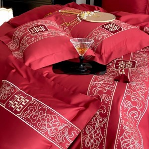 500TC Long Staple Cotton Red Embroidery 4PCS Bed Sheet Bed Linen Bedding Set