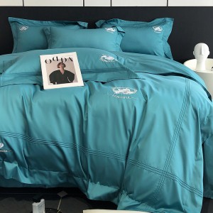 High Quality Blue Home Textile Embroidery Duvet Cover Bed Sheets Pillowcases 100S Long Staple Cotton Bedding Set