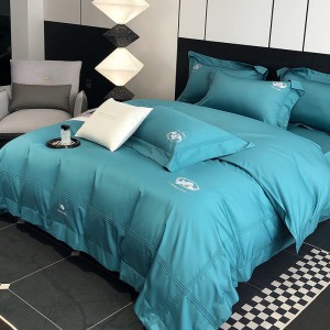 High Quality Blue Home Textile Embroidery Duvet Cover Bed Sheets Pillowcases 100S Long Staple Cotton Bedding Set