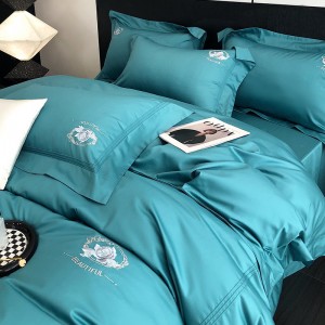 High Quality Blue Home Textile Embroidery Duvet Cover Bed Sheets Pillowcases 100S Long Staple Cotton Bedding Set