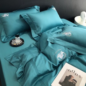 High Quality Blue Home Textile Embroidery Duvet Cover Bed Sheets Pillowcases 100S Long Staple Cotton Bedding Set