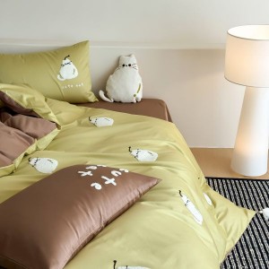 100s long-staple cotton refined cute cartoon embroidered towel four-piece bedding set