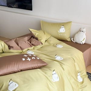 100s long-staple cotton refined cute cartoon embroidered towel four-piece bedding set