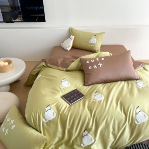 100s long-staple cotton refined cute cartoon embroidered towel four-piece bedding set