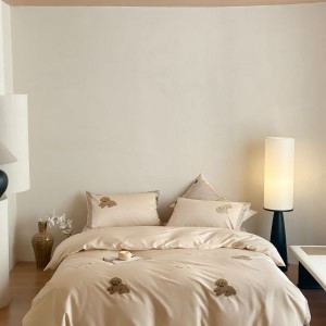 100S Cotton Brushed Stain Cartoon Embroidery Duvet Cover Light Brown 4PCS Bedding Set For Kids And Adults