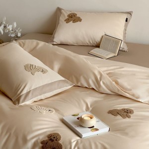 100S Cotton Brushed Stain Cartoon Embroidery Duvet Cover Light Brown 4PCS Bedding Set For Kids And Adults