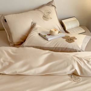 100S Cotton Brushed Stain Cartoon Embroidery Duvet Cover Light Brown 4PCS Bedding Set For Kids And Adults