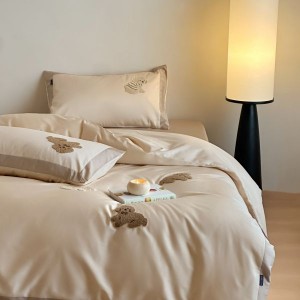 100S Cotton Brushed Stain Cartoon Embroidery Duvet Cover Light Brown 4PCS Bedding Set For Kids And Adults