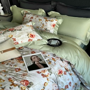 High Grade Floral Plant Digital Printing Duvet Quilt Comforter Cover Green Breathable Bed Sheets Light Luxury Long Staple Cotton Bedding Set