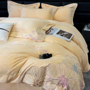 220g Milk Velvet Floral Embroidery Duvet Cover Queen King Bed Sheet Yellow Bedding Set