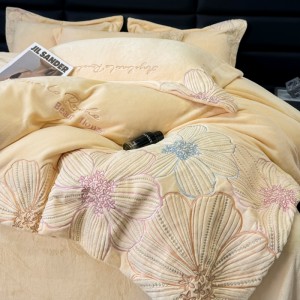 220g Milk Velvet Floral Embroidery Duvet Cover Queen King Bed Sheet Yellow Bedding Set