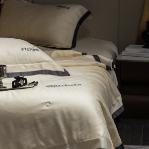 Summer cool 4-pieces lyocell home hotel textile beige jacquard pillowcases solid color bedsheets king size kids’ bedding set