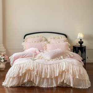 Pink Milk Velvet Bedcover Bed Sheets Pillowcases Lace Embroidery Bedspread Bedding Set