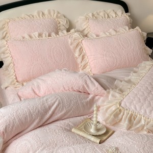 Pink Milk Velvet Bedcover Bed Sheets Pillowcases Lace Embroidery Bedspread Bedding Set