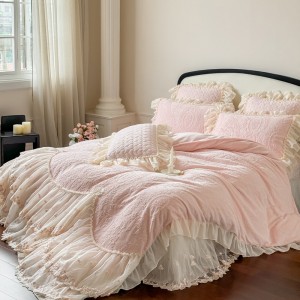 Pink Milk Velvet Bedcover Bed Sheets Pillowcases Lace Embroidery Bedspread Bedding Set