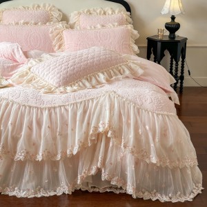 Pink Milk Velvet Bedcover Bed Sheets Pillowcases Lace Embroidery Bedspread Bedding Set