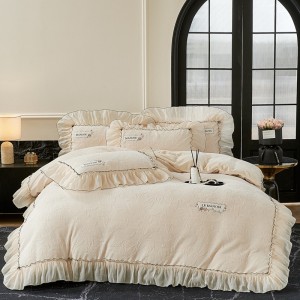 Milk Velvet Bed Cover Bed Sheets Double Pillowcases Lace Edge 4PCS White Bedspread Bedding Set