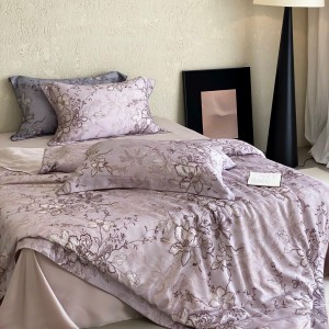 Light luxury senior satin 100S cotton bed linen purple king size house digital printing comforter cover bedroom bedding set wholesaler