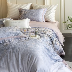 High Count Lyocell Cotton Digital Printing Duvet Cover Pillowcases Soft Purple Floral Bedding Set