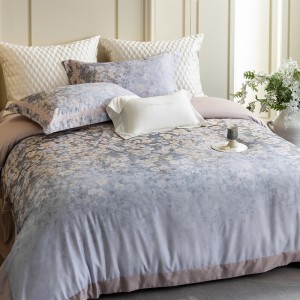 High Count Lyocell Cotton Digital Printing Duvet Cover Pillowcases Soft Purple Floral Bedding Set