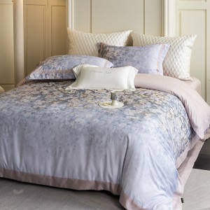 High Count Lyocell Cotton Digital Printing Duvet Cover Pillowcases Soft Purple Floral Bedding Set