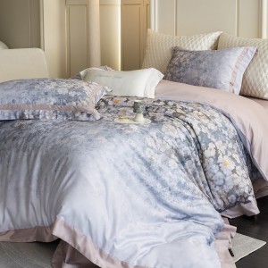 High Count Lyocell Cotton Digital Printing Duvet Cover Pillowcases Soft Purple Floral Bedding Set