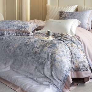 High Count Lyocell Cotton Digital Printing Duvet Cover Pillowcases Soft Purple Floral Bedding Set