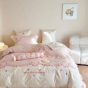 Super Soft Cotton Brushed Bed Sheets Pink Embroidery Quilt Cover Cute 4PCS Bedding Set