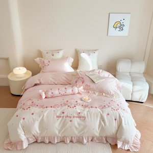 Super Soft Cotton Brushed Bed Sheets Pink Embroidery Quilt Cover Cute 4PCS Bedding Set