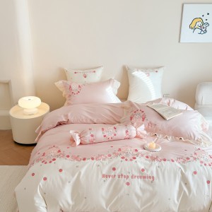 Super Soft Cotton Brushed Bed Sheets Pink Embroidery Quilt Cover Cute 4PCS Bedding Set