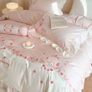 Super Soft Cotton Brushed Bed Sheets Pink Embroidery Quilt Cover Cute 4PCS Bedding Set