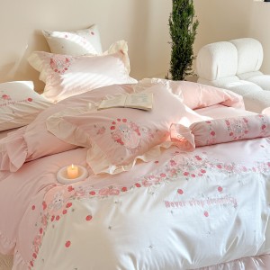 Super Soft Cotton Brushed Bed Sheets Pink Embroidery Quilt Cover Cute 4PCS Bedding Set