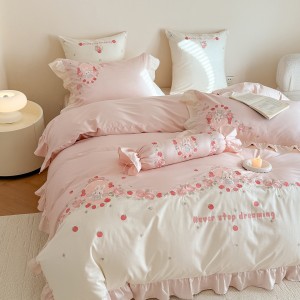 Super Soft Cotton Brushed Bed Sheets Pink Embroidery Quilt Cover Cute 4PCS Bedding Set