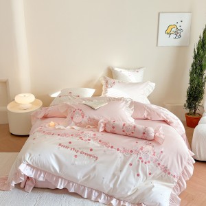 Super Soft Cotton Brushed Bed Sheets Pink Embroidery Quilt Cover Cute 4PCS Bedding Set