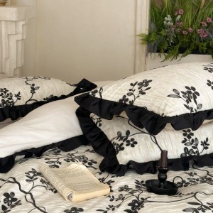 Floral yarn-dyed jacquard duvet cover black white cotton bedding set