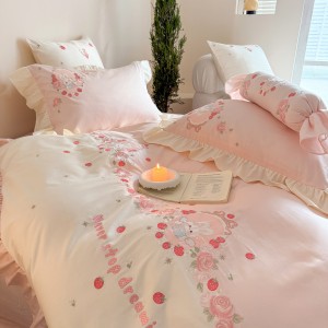 Super Soft Cotton Brushed Bed Sheets Pink Embroidery Quilt Cover Cute 4PCS Bedding Set