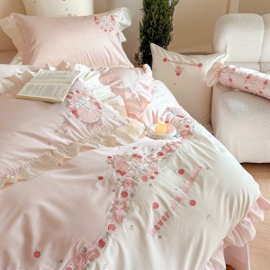 Super Soft Cotton Brushed Bed Sheets Pink Embroidery Quilt Cover Cute 4PCS Bedding Set