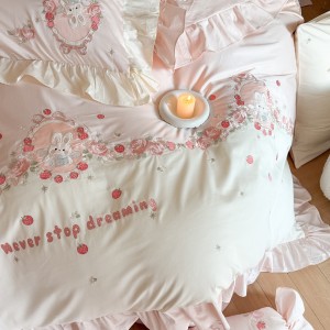 Super Soft Cotton Brushed Bed Sheets Pink Embroidery Quilt Cover Cute 4PCS Bedding Set