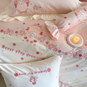 Super Soft Cotton Brushed Bed Sheets Pink Embroidery Quilt Cover Cute 4PCS Bedding Set