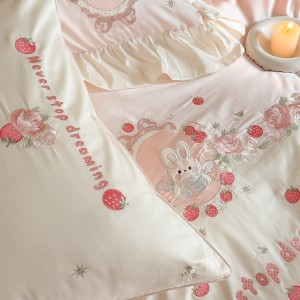 Super Soft Cotton Brushed Bed Sheets Pink Embroidery Quilt Cover Cute 4PCS Bedding Set