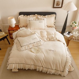 High Gram Milk Velvet Embroidery Bedspread Bed Skirt White Lace Edge Bedding Set