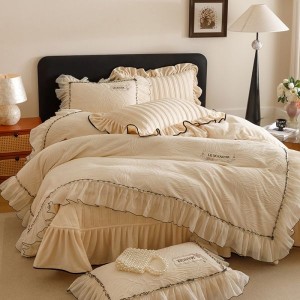 High Gram Milk Velvet Embroidery Bedspread Bed Skirt White Lace Edge Bedding Set
