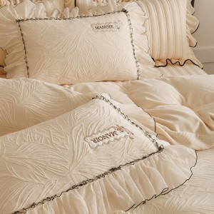 High Gram Milk Velvet Embroidery Bedspread Bed Skirt White Lace Edge Bedding Set