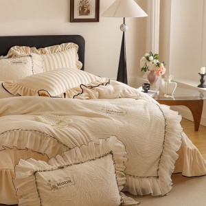 High Gram Milk Velvet Embroidery Bedspread Bed Skirt White Lace Edge Bedding Set