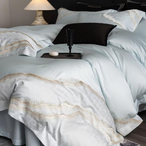 Hot-selling 4-pieces textile plant embroidery 2m/2.2m bedsheet flat sheets blue quilt cover premium lyocell cotton bedding set manufacture