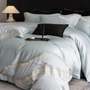 Hot-selling 4-pieces textile plant embroidery 2m/2.2m bedsheet flat sheets blue quilt cover premium lyocell cotton bedding set manufacture