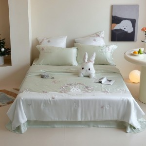 Cute high-end green embroidery 4-pieces lyocell comforter cover 2m/2.2m bed flat sheets soft pillowcase cotton kids’ bedding set manufacture
