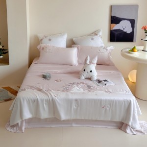 Cute high-end green embroidery 4-pieces lyocell comforter cover 2m/2.2m bed flat sheets soft pillowcase cotton kids’ bedding set manufacture