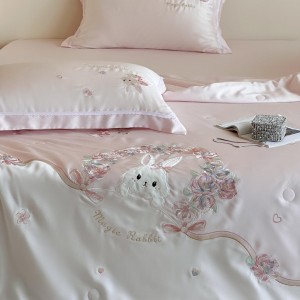 Cute high-end green embroidery 4-pieces lyocell comforter cover 2m/2.2m bed flat sheets soft pillowcase cotton kids’ bedding set manufacture