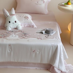 Cute high-end green embroidery 4-pieces lyocell comforter cover 2m/2.2m bed flat sheets soft pillowcase cotton kids’ bedding set manufacture